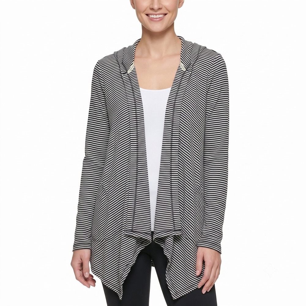 Calvin Klein Performance Womens Small Black White Striped Draped Hooded Cardigan